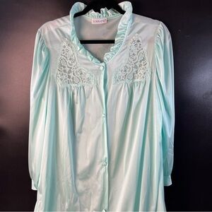 Lorraine Peignoir Vtg Nylon Long Nightgown/Robe 1X Seafoam Green Lace Trim USA